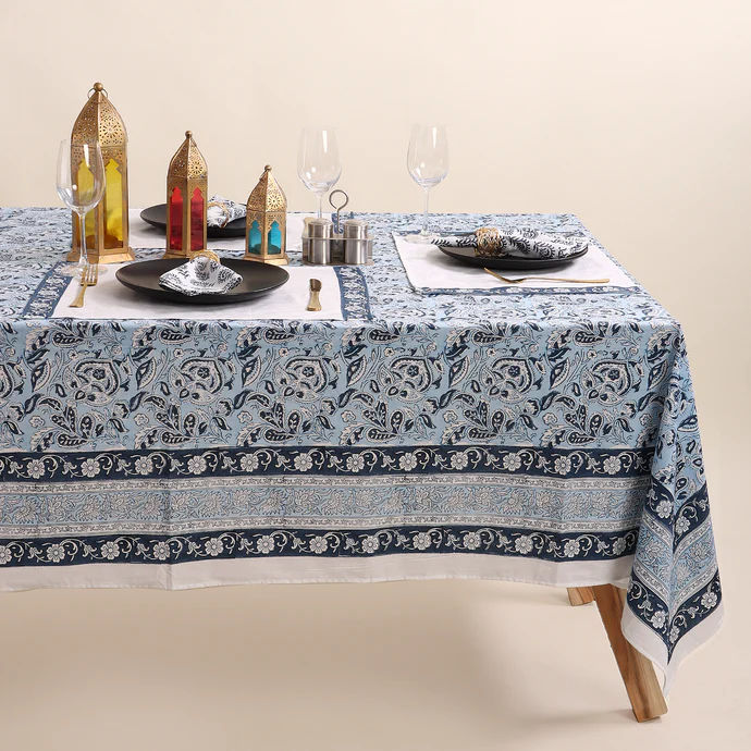 Traditional Hand Block Blue Floral Print Cotton Table Cover 6 Seater